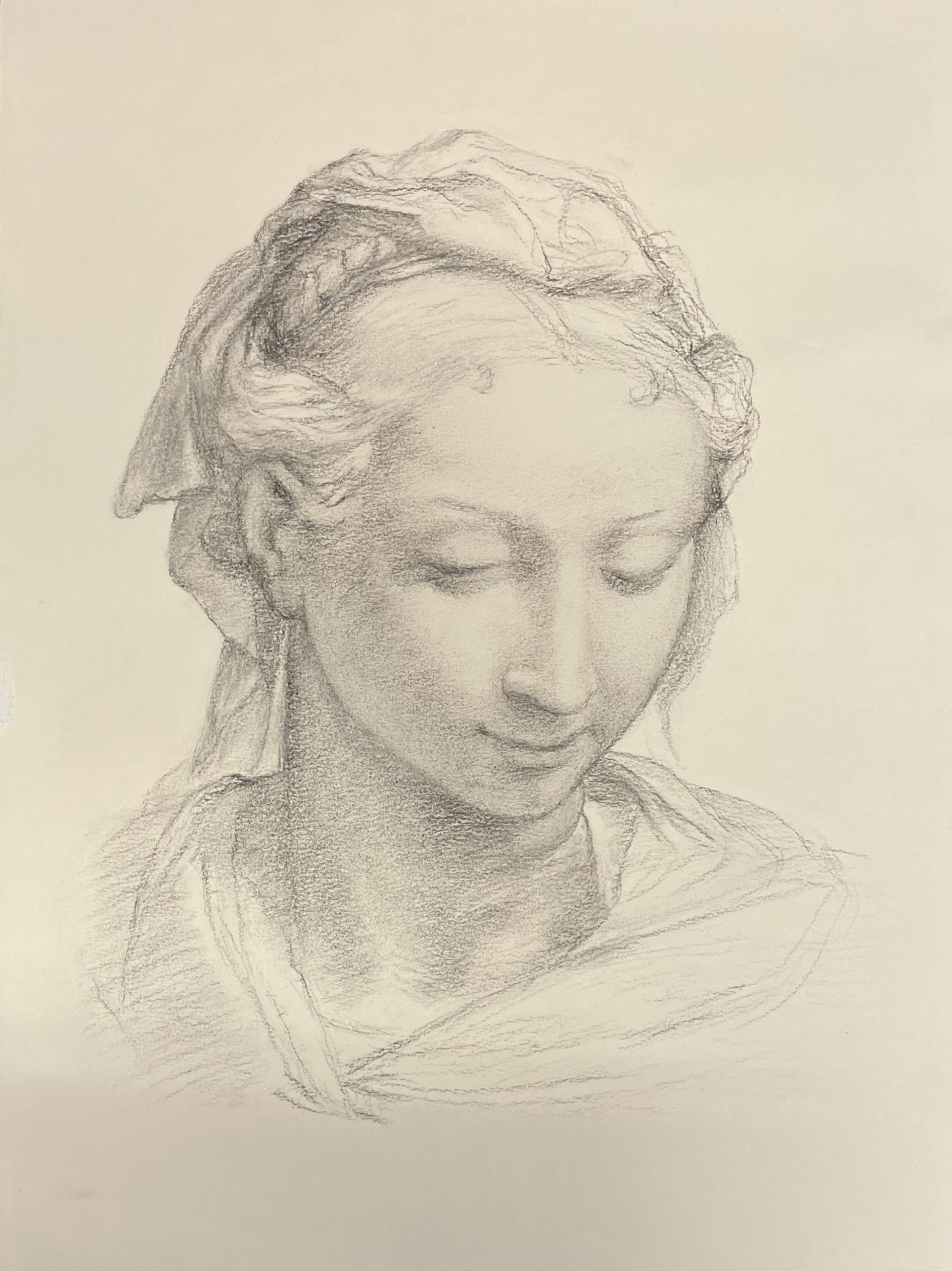 light charcoal drawing of a woman in quarter profile, looking down, with braided hair and flowing loose clothing