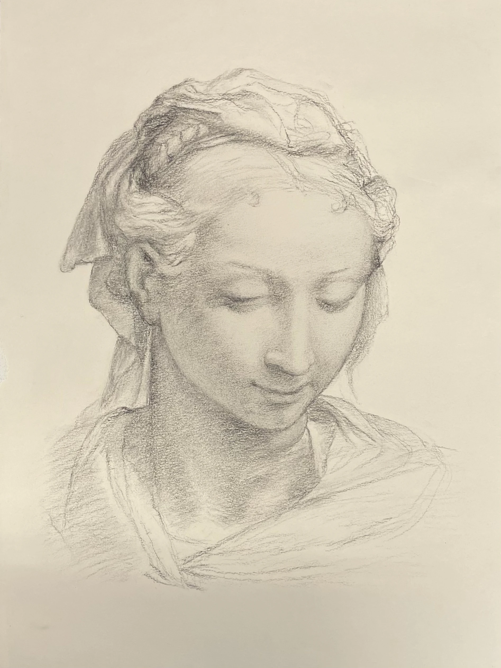 light charcoal drawing of a woman in quarter profile, looking down, with braided hair and flowing loose clothing