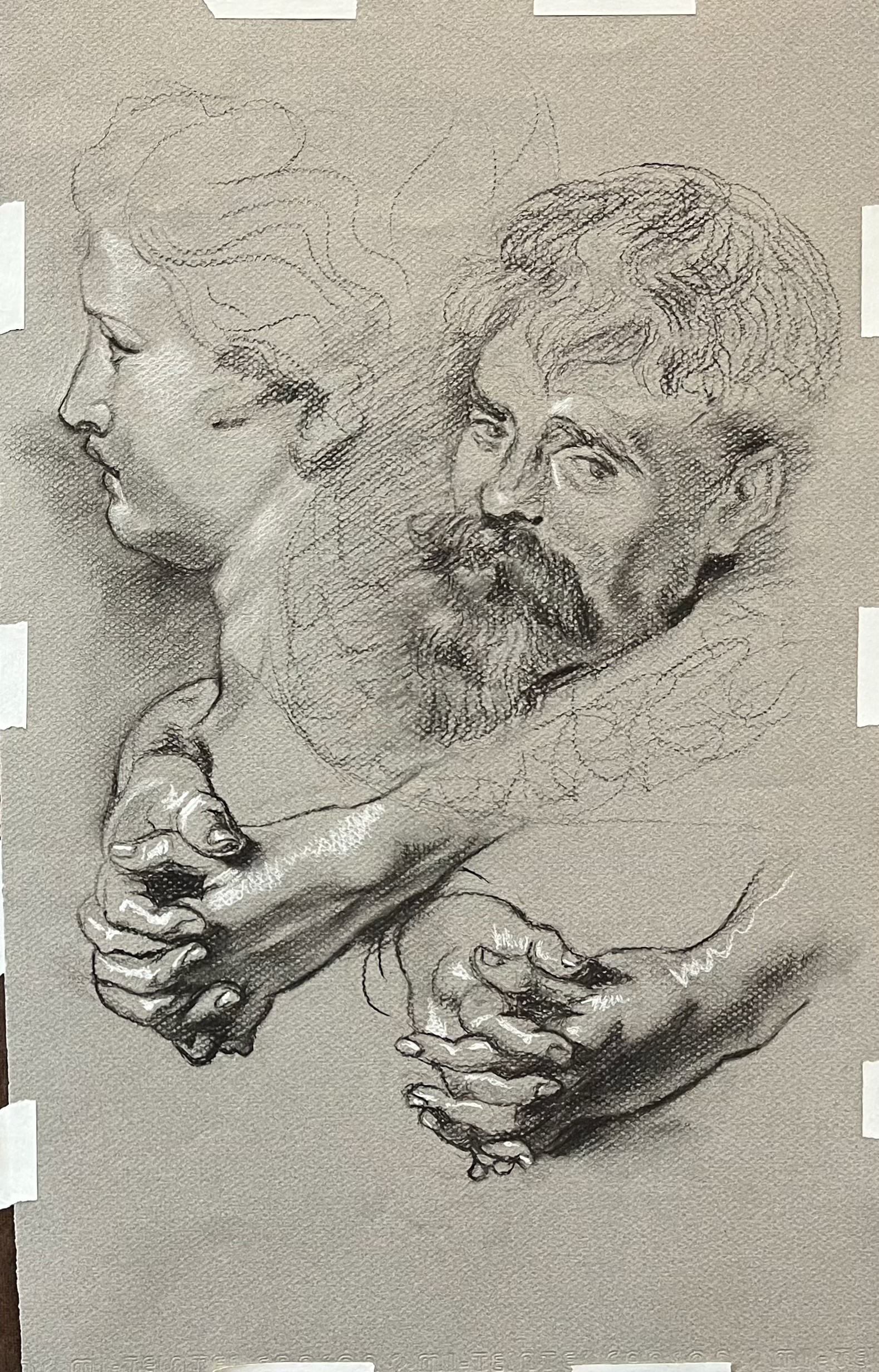 charcoal study on rough textured paper of a woman's portrait in  profile, a bearded man's portrait in quarter profile, and 2 similar pairs of hands interlaced