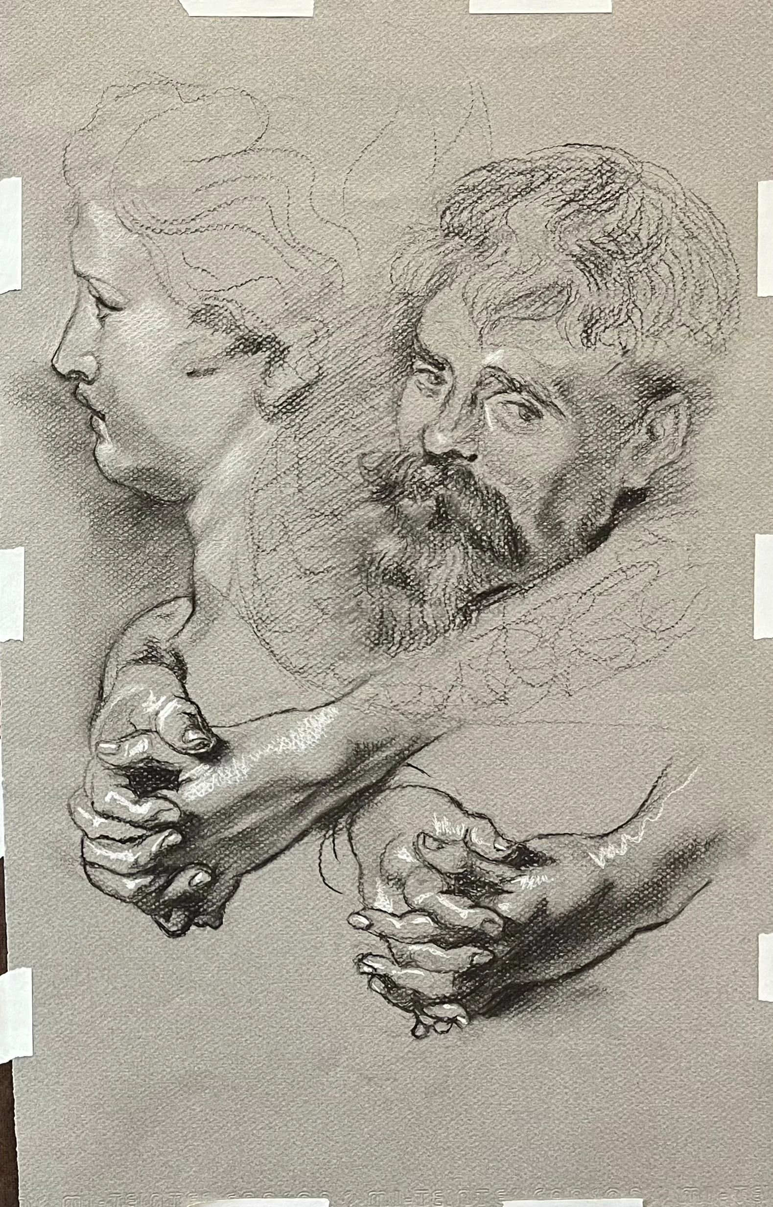 charcoal study on rough textured paper of a woman's portrait in  profile, a bearded man's portrait in quarter profile, and 2 similar pairs of hands interlaced