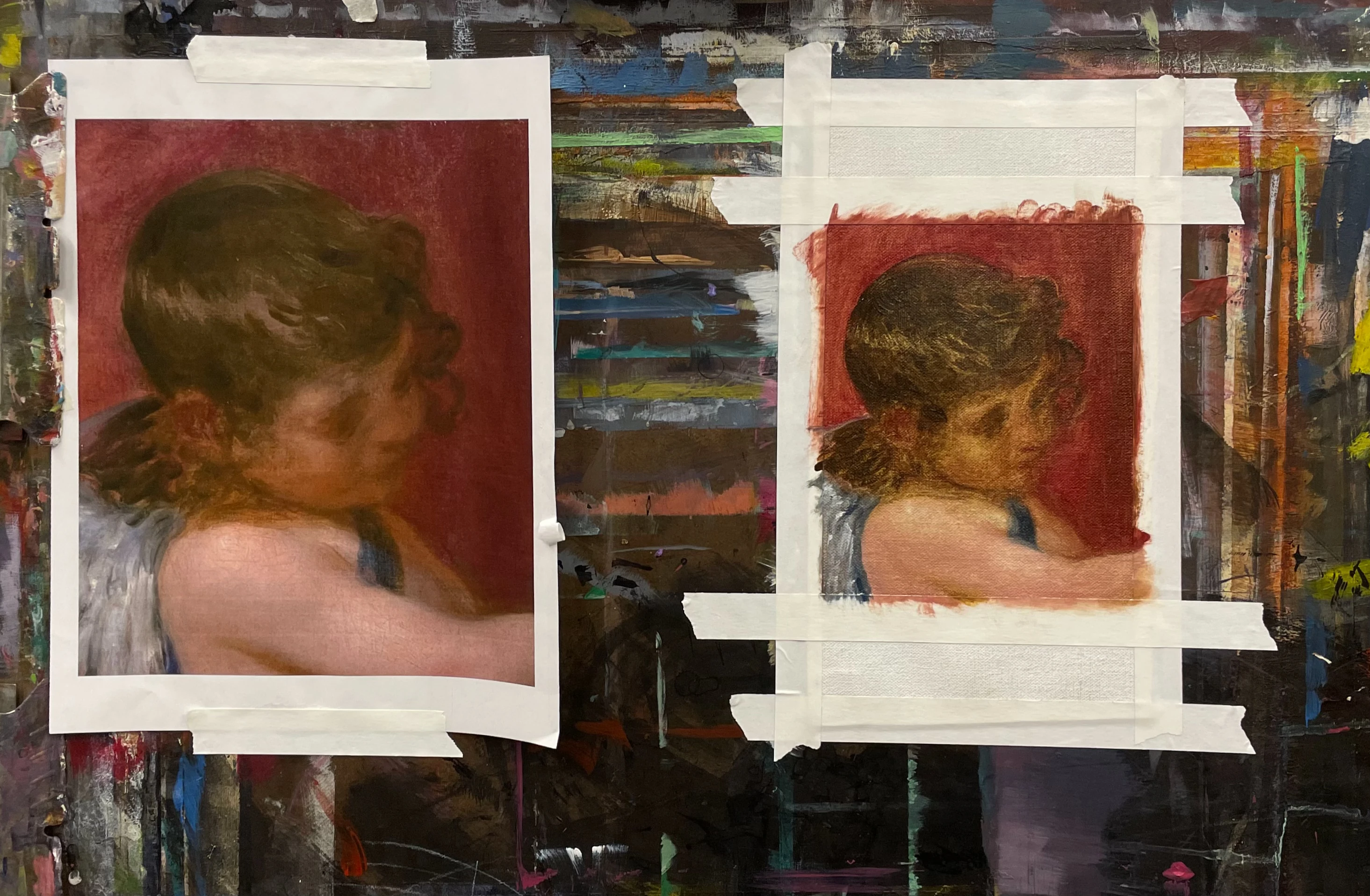 side-by-side comparison of an original master oil painting print and a canvas master copy, of a young child looking down and to the side, whose face is caught in shadow