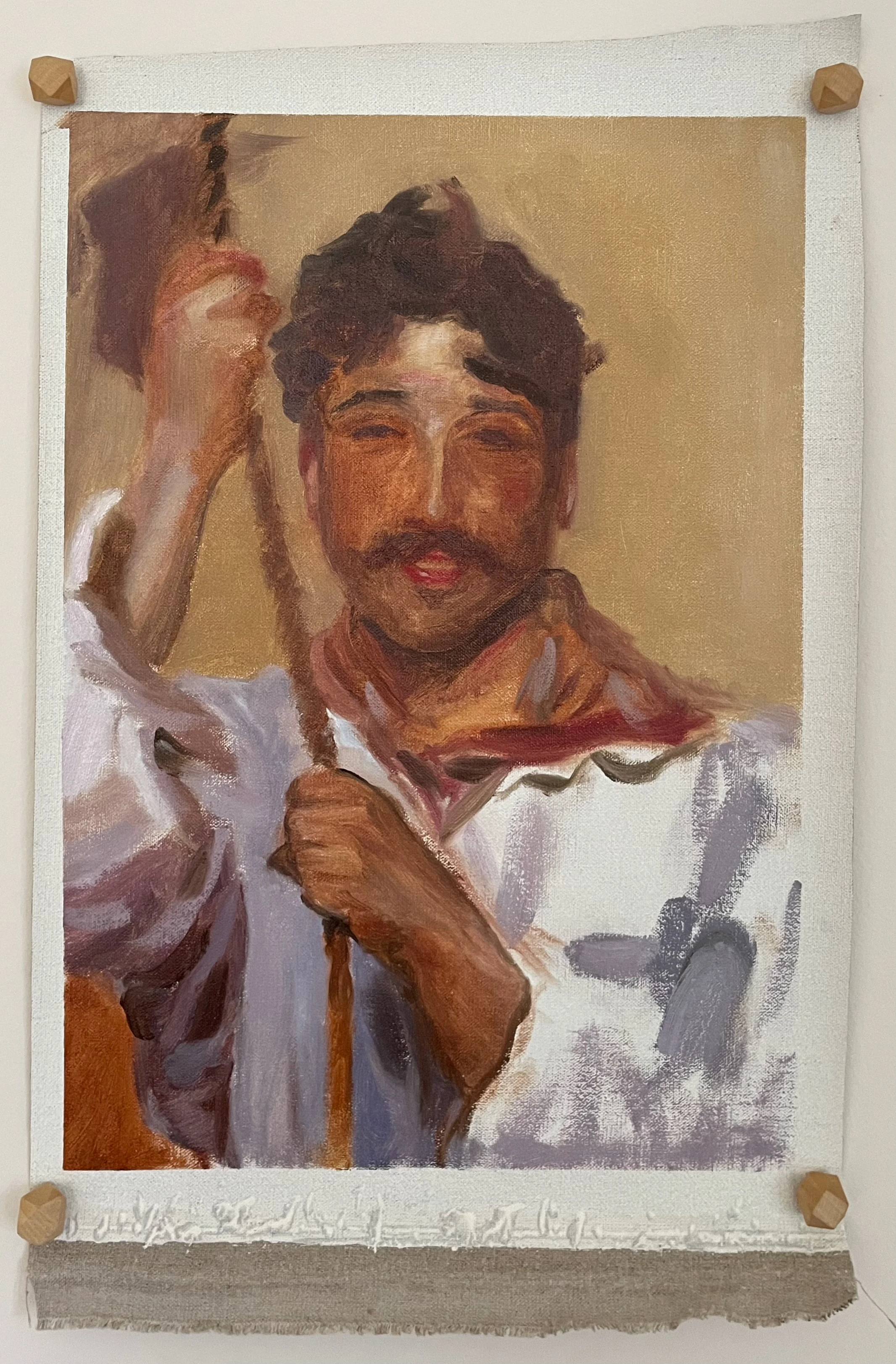 oil painting of a moustached french sailor holding onto a rope, wearing a billowing white shirt