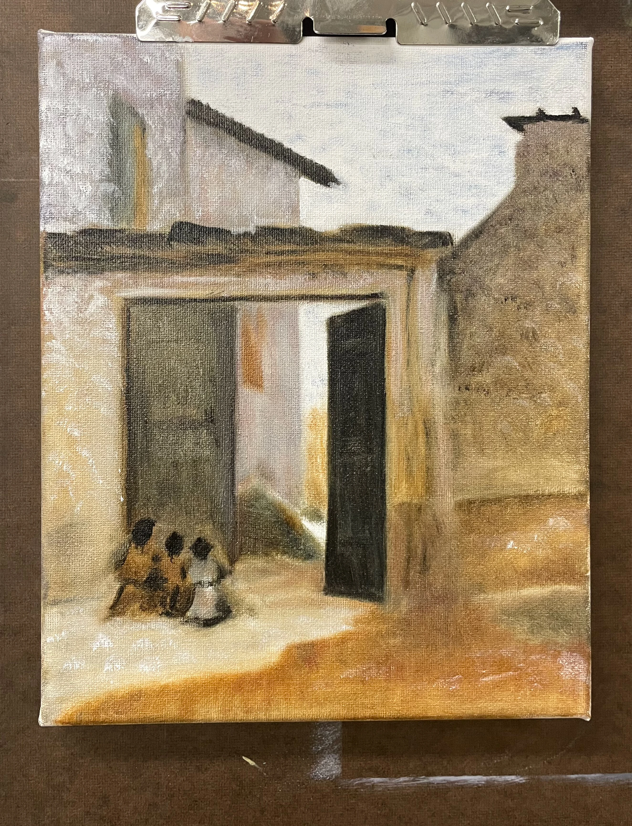 oil painting on stretched canvas of 3 children sitting in a group, looking through the gate to a villa of Italian architecture styles, with overlapping eaves and a mottled, pale blue sky