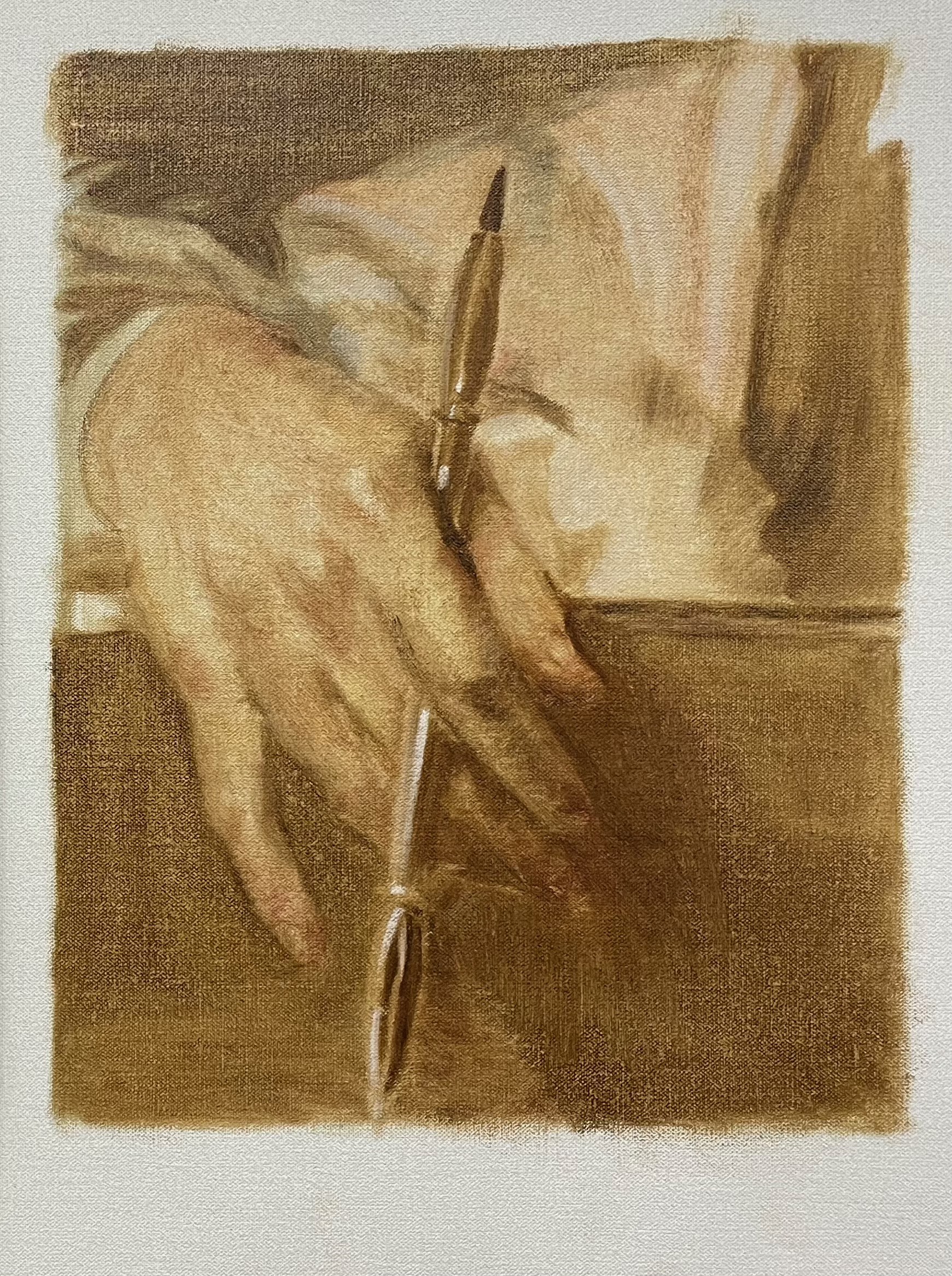 oil underpainting on unstretched canvas of a sepia-toned hand holding a dipping pen and draped heavily over the edge of a dark wooden desk 