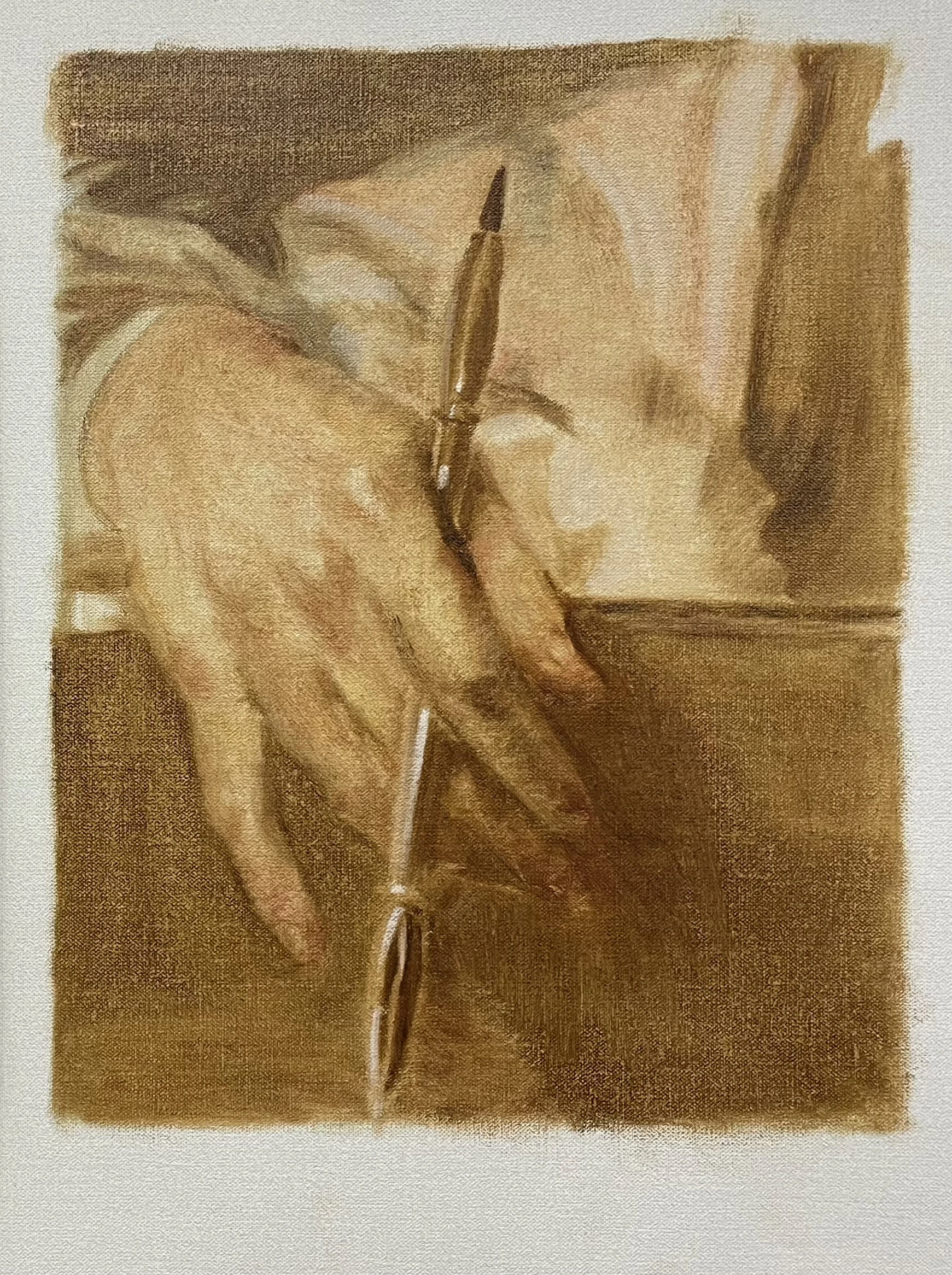 oil underpainting on unstretched canvas of a sepia-toned hand holding a dipping pen and draped heavily over the edge of a dark wooden desk 